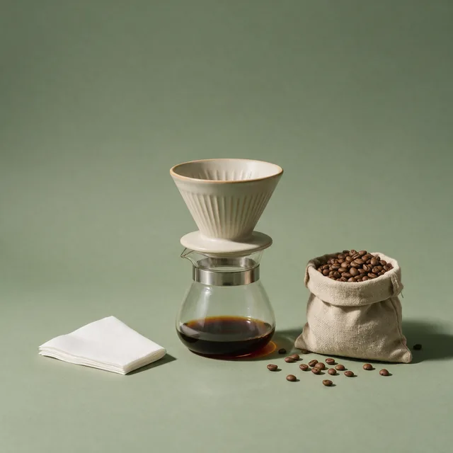A ceramic pour-over cone on a glass carafe with a bag of coffee beans