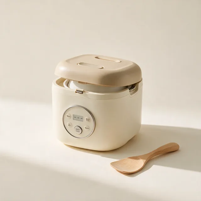 A compact rice cooker with a wooden paddle