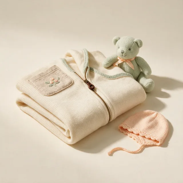 A folded cotton baby sleep bag in warm cream