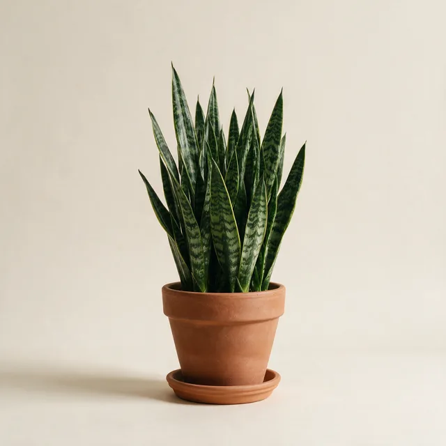 A snake plant in an unglazed terracotta pot