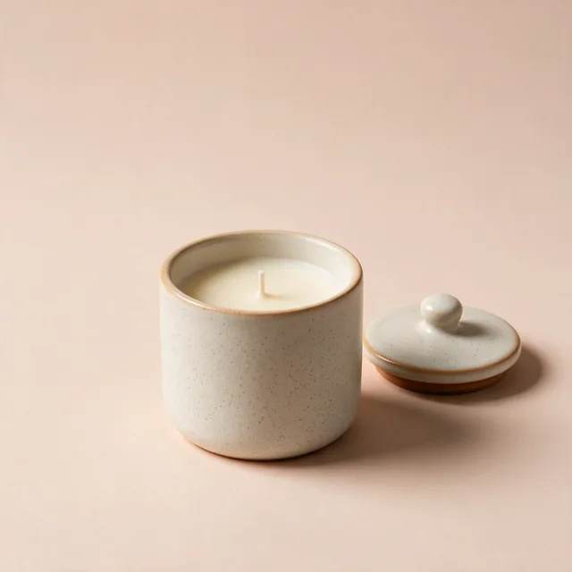 An unlit soy candle in a matte ceramic vessel with its lid alongside