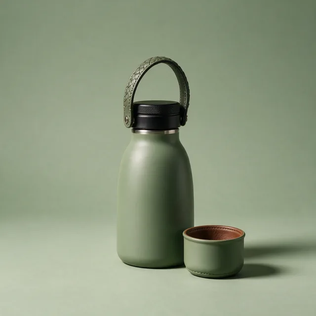 A vacuum insulated thermos flask with its cup lid