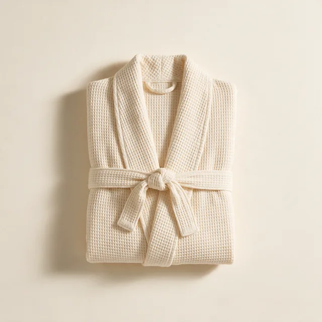 A neatly folded ivory waffle-weave cotton bathrobe