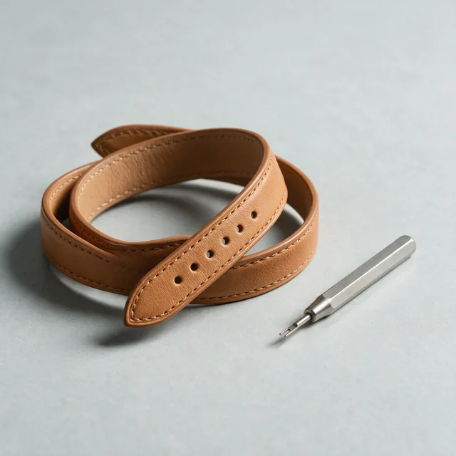 A tan leather watch strap coiled beside a small tool