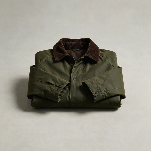 A folded waxed cotton jacket with the collar turned