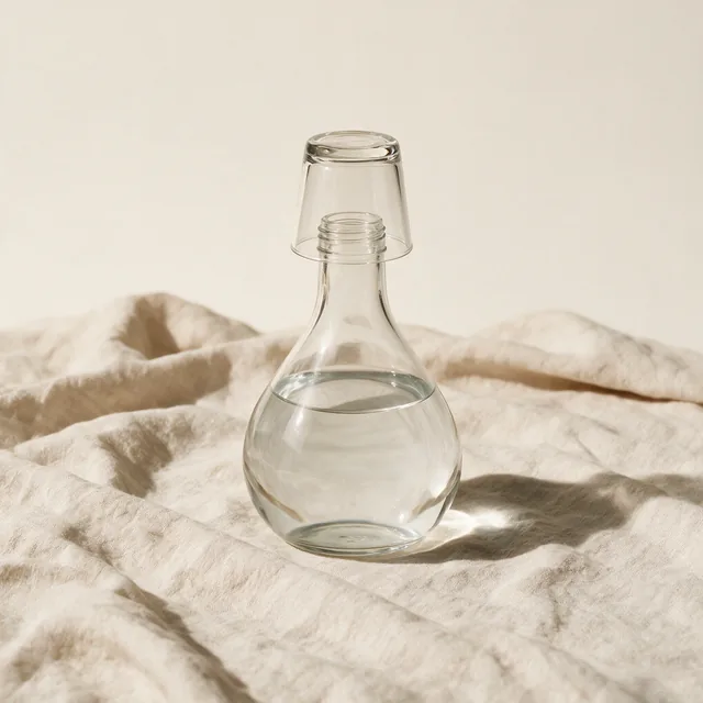 A glass bedside carafe with a tumbler on its neck