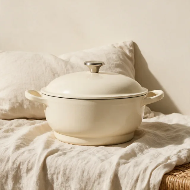 A cream enameled cast iron dutch oven