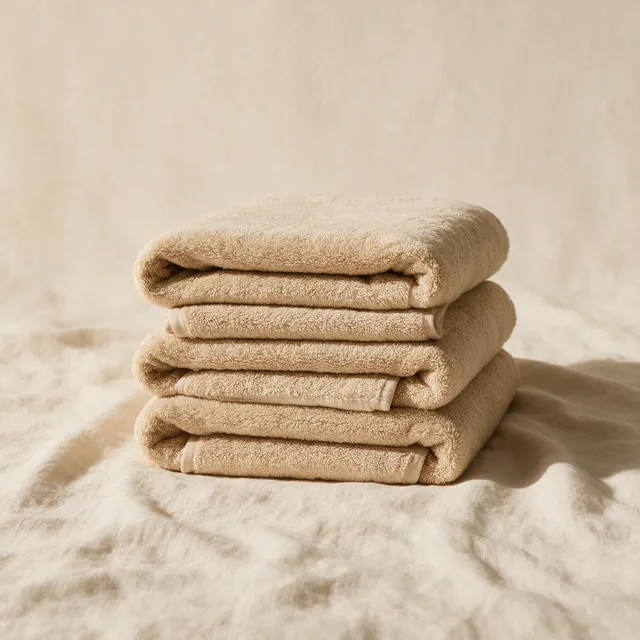 Four folded bath towels in warm sand, stacked