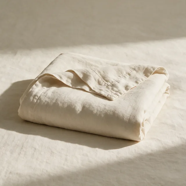 A washed linen duvet cover, folded with a corner turned back