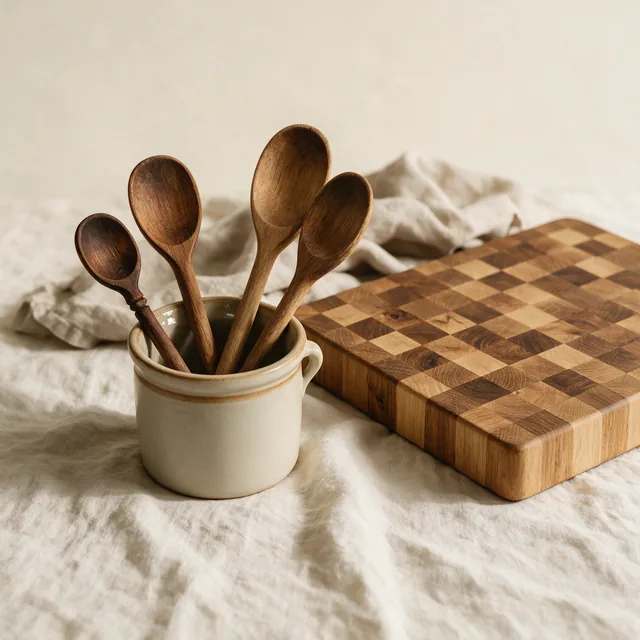 Wooden cooking spoons in a crock beside an end-grain board